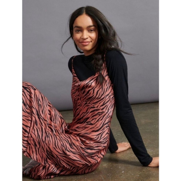 Anthropologie 90s Grunge Elyse Slip Dress Zebra Print Silky Drape Neck Midi Sz S - Picture 1 of 14